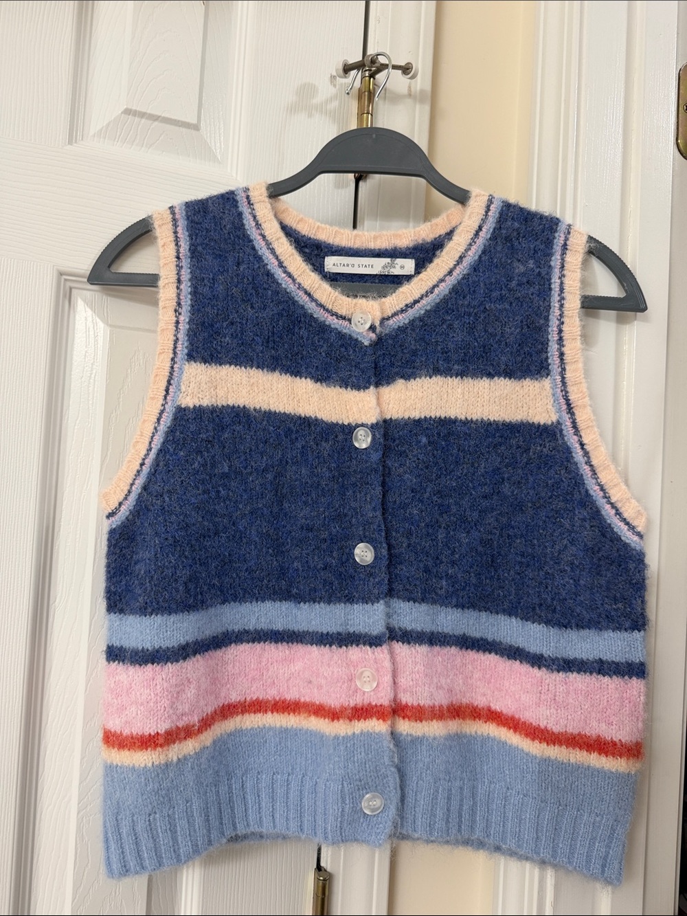Altar'd State Navy, Light Blue & Pink Striped Fuzzy Button Vest